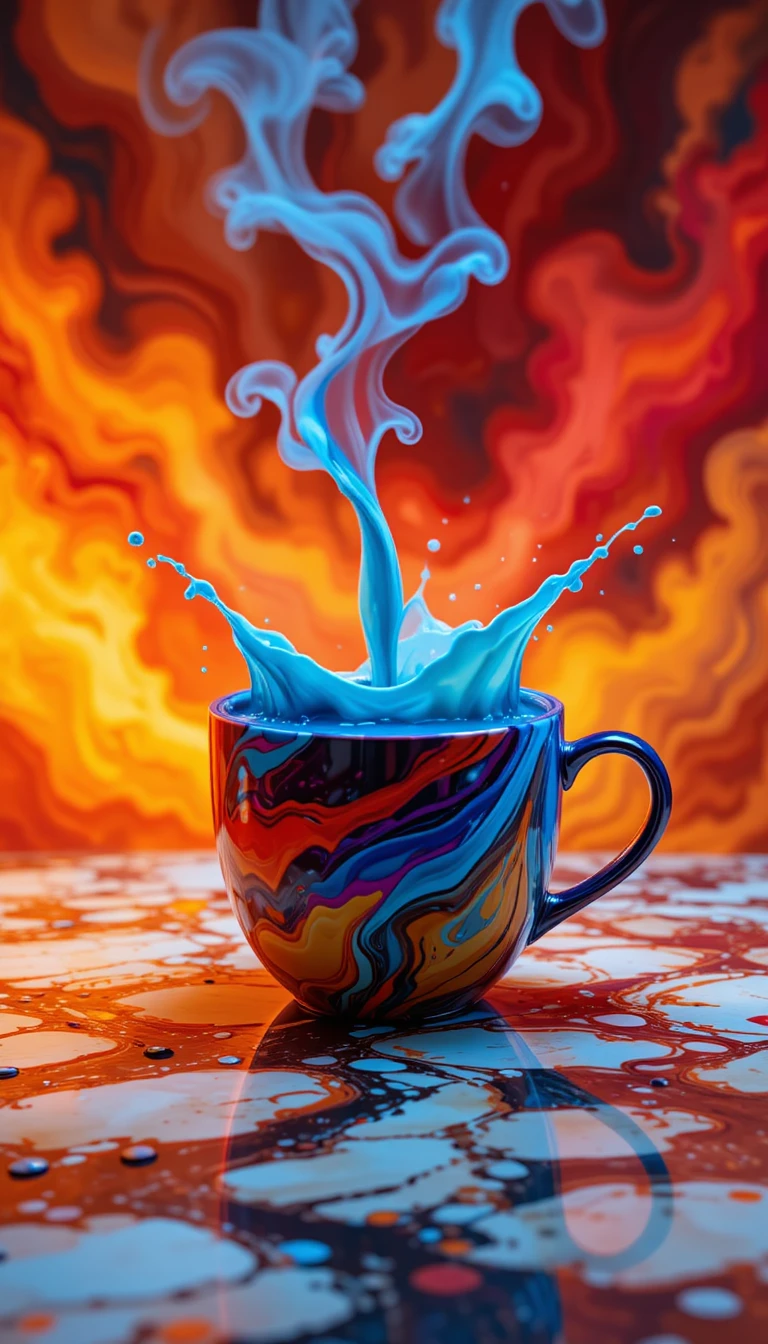 Taza de café colorida salpicando líquido azul con fondo ardiente