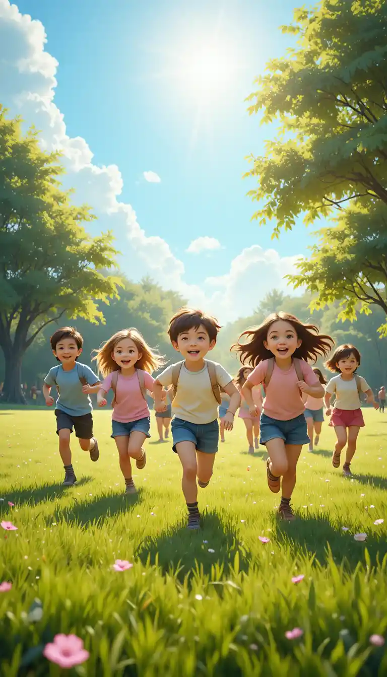 Children running and laughing while playing tag in park