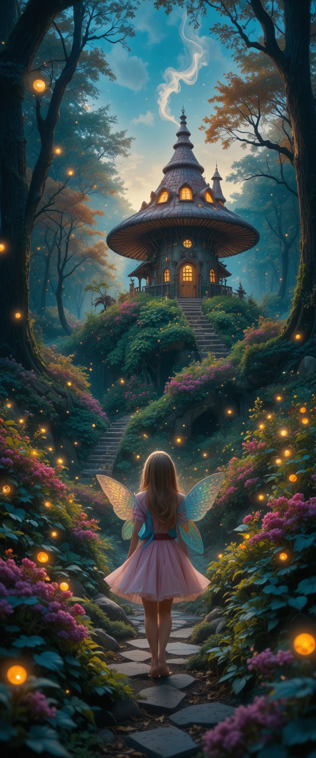 Whimsical fairy walking through a glowing evening forest