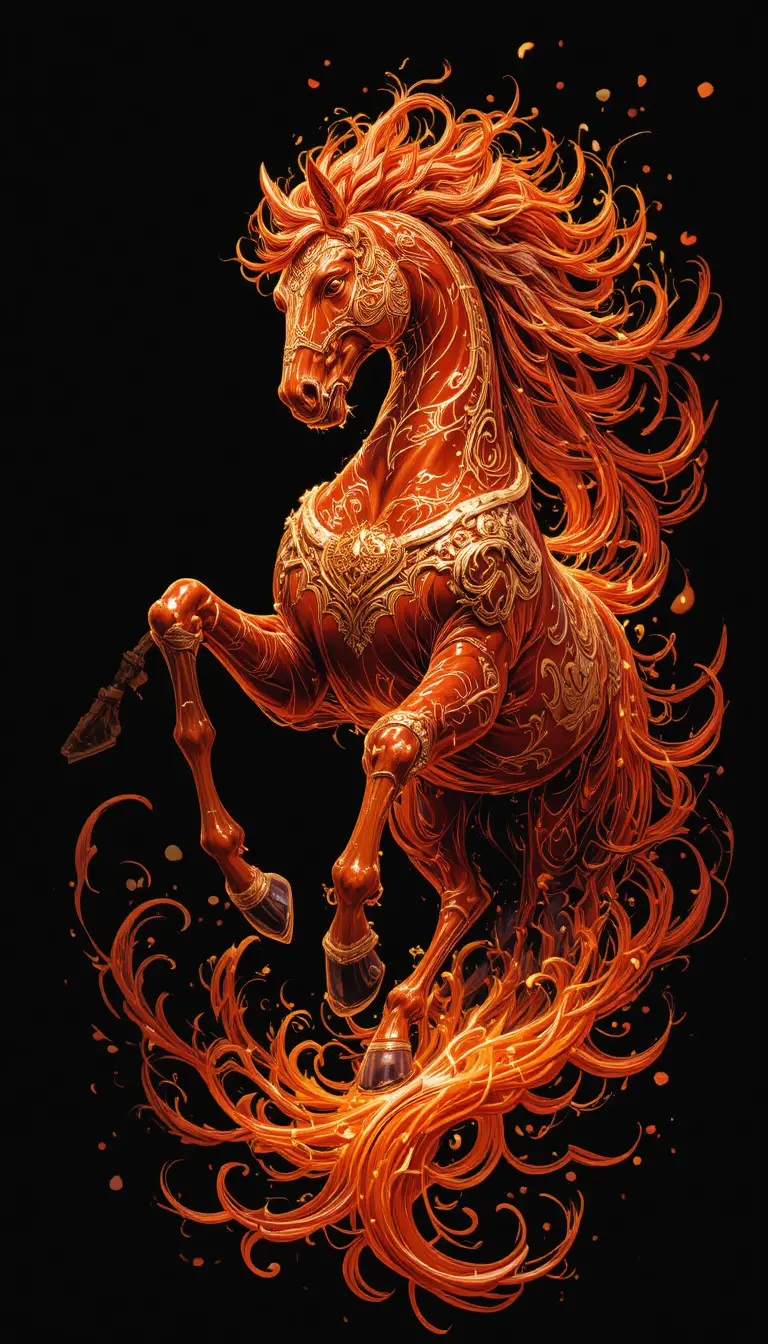Fiery Red Horse Charging Through Flames On Black Background