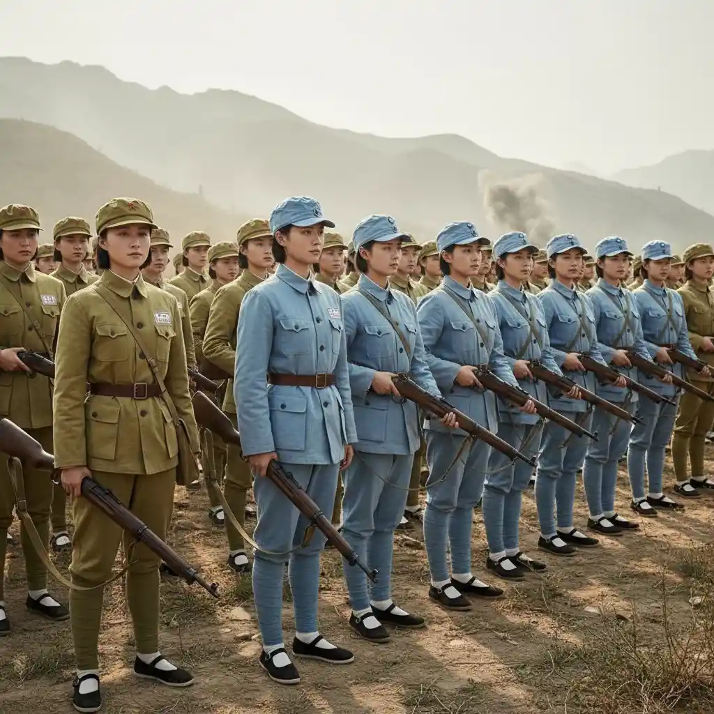 Chinesische Soldatinnen stehen im Krieg Seite an Seite