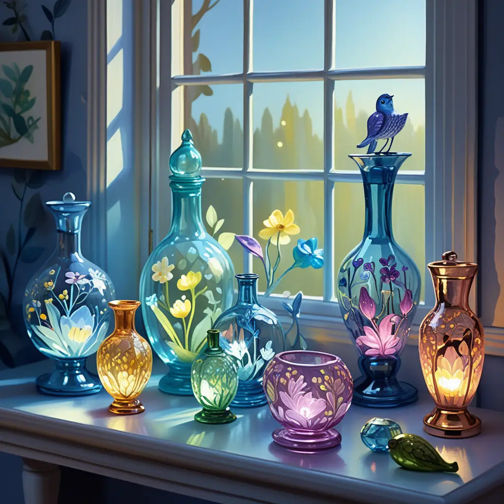 Delicate Glass Animals On A Shelf In Warm Sunlight