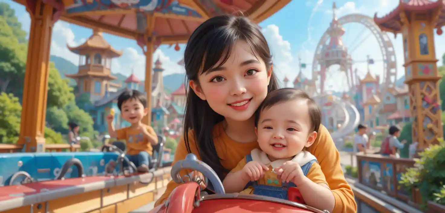 Familles profitant des manèges dans une illustration de parc d’attractions ludique