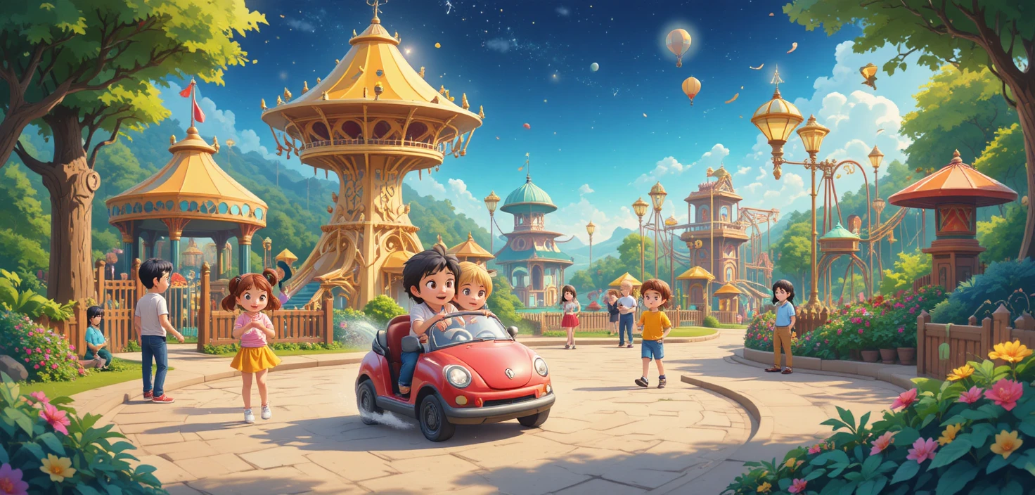 Joyful families at a colorful children amusement park