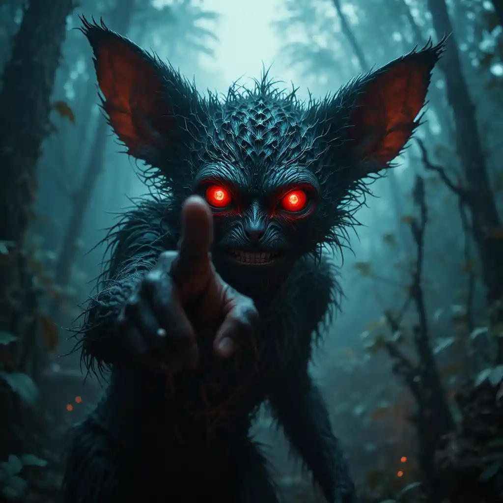 Aye aye pointing its long finger toward the camera in jungle