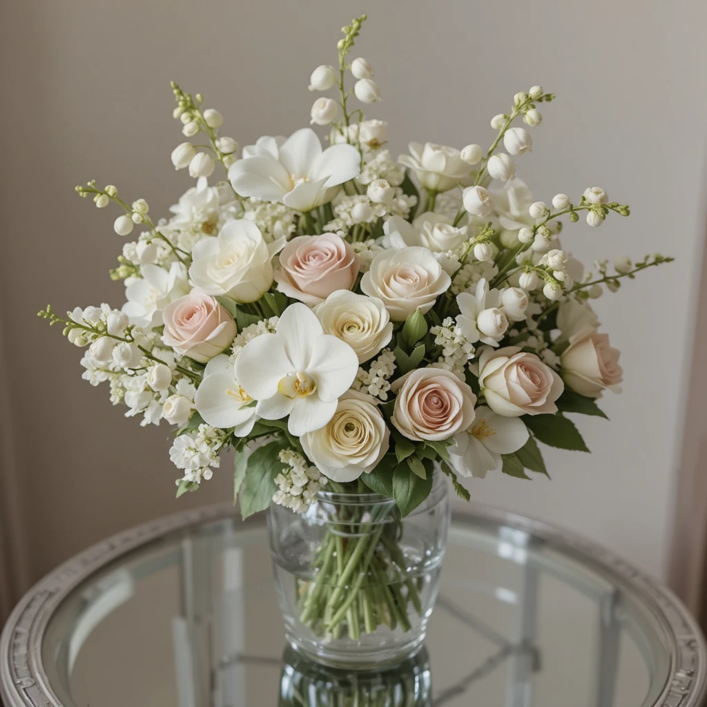 Buquê de flores de luxo sobre mesa de vidro prateada