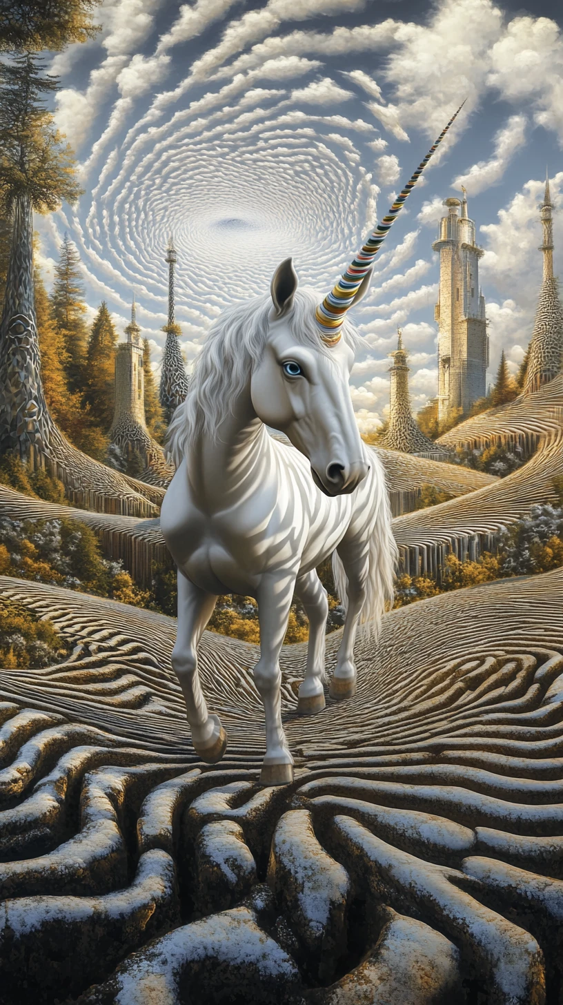 Surreal unicorn illusion in a multi layered fantasy scene