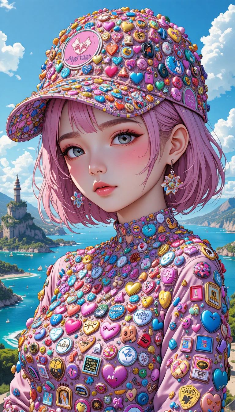 Anime-Mädchen mit pastellfarbener Decora-Cap auf tropischer Insel