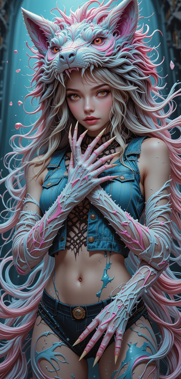 Feral warrior woman with crossed neon claws and wolf headdress