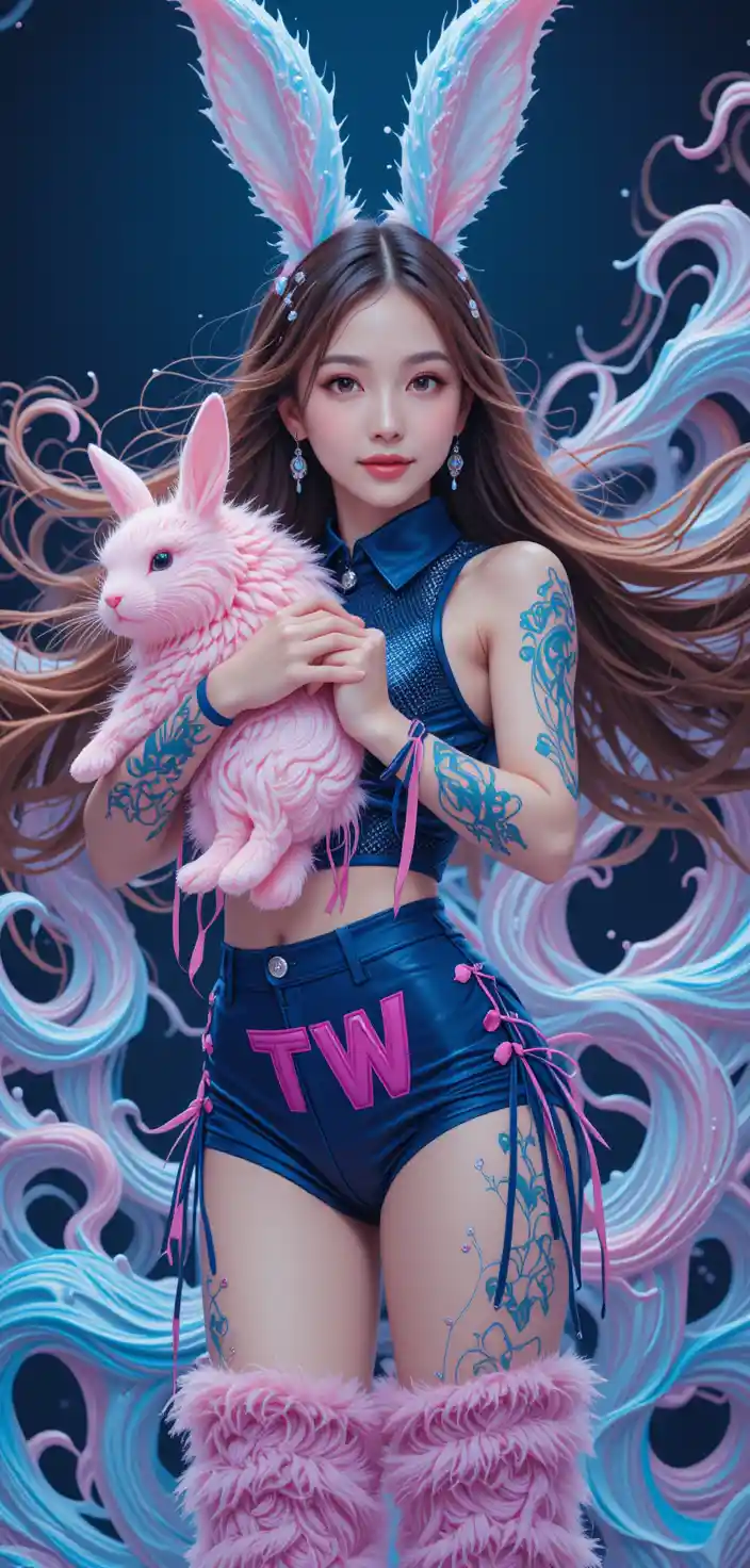 K pop idol girl dancing with giant rabbit spirit