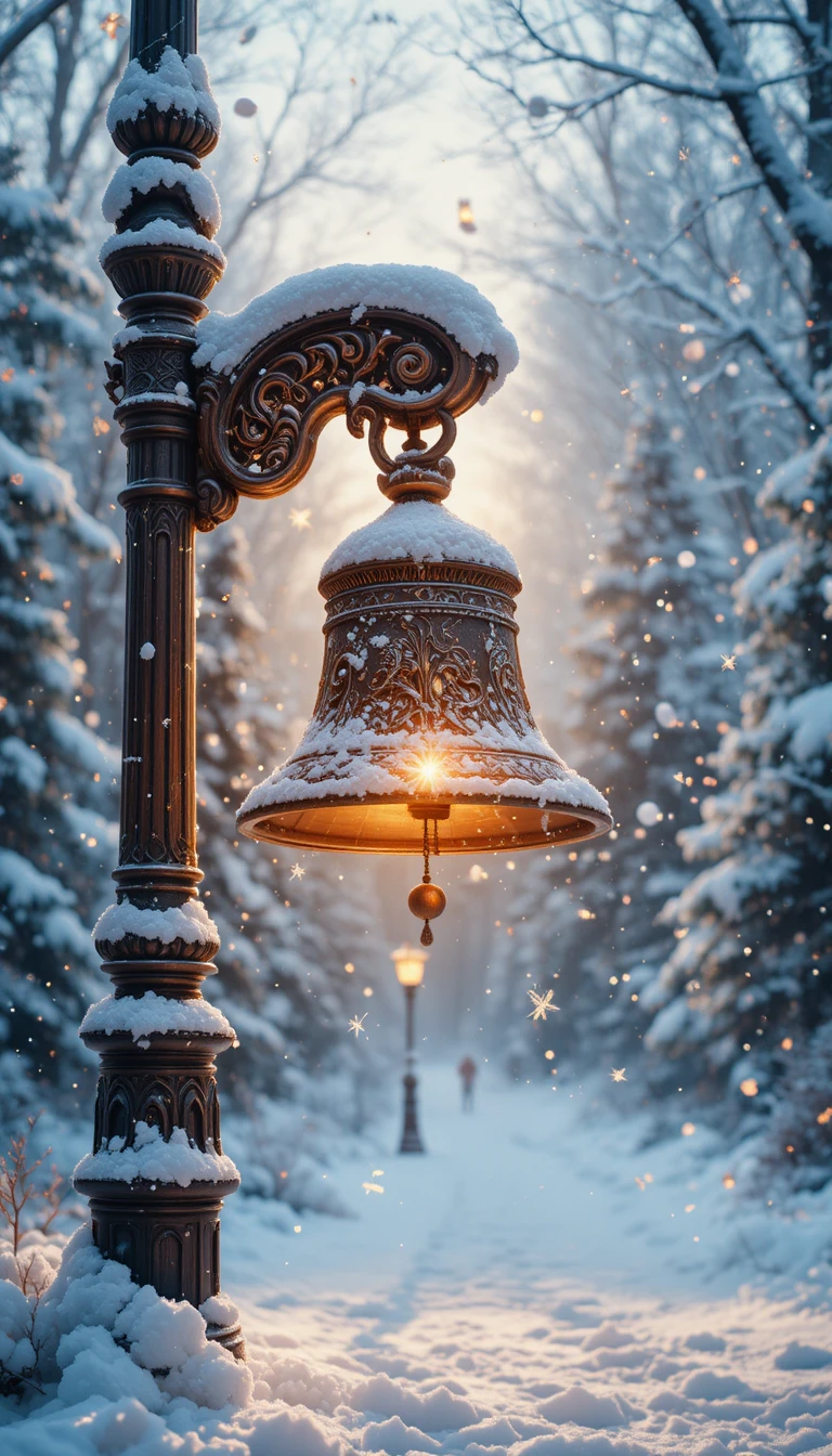 Cloche antique brillant dans une forêt hivernale enneigée et magique