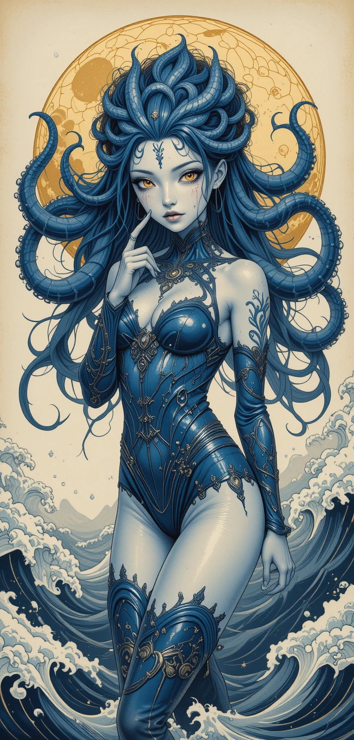 Gothic aquatic alien woman bound in swirling tentacles