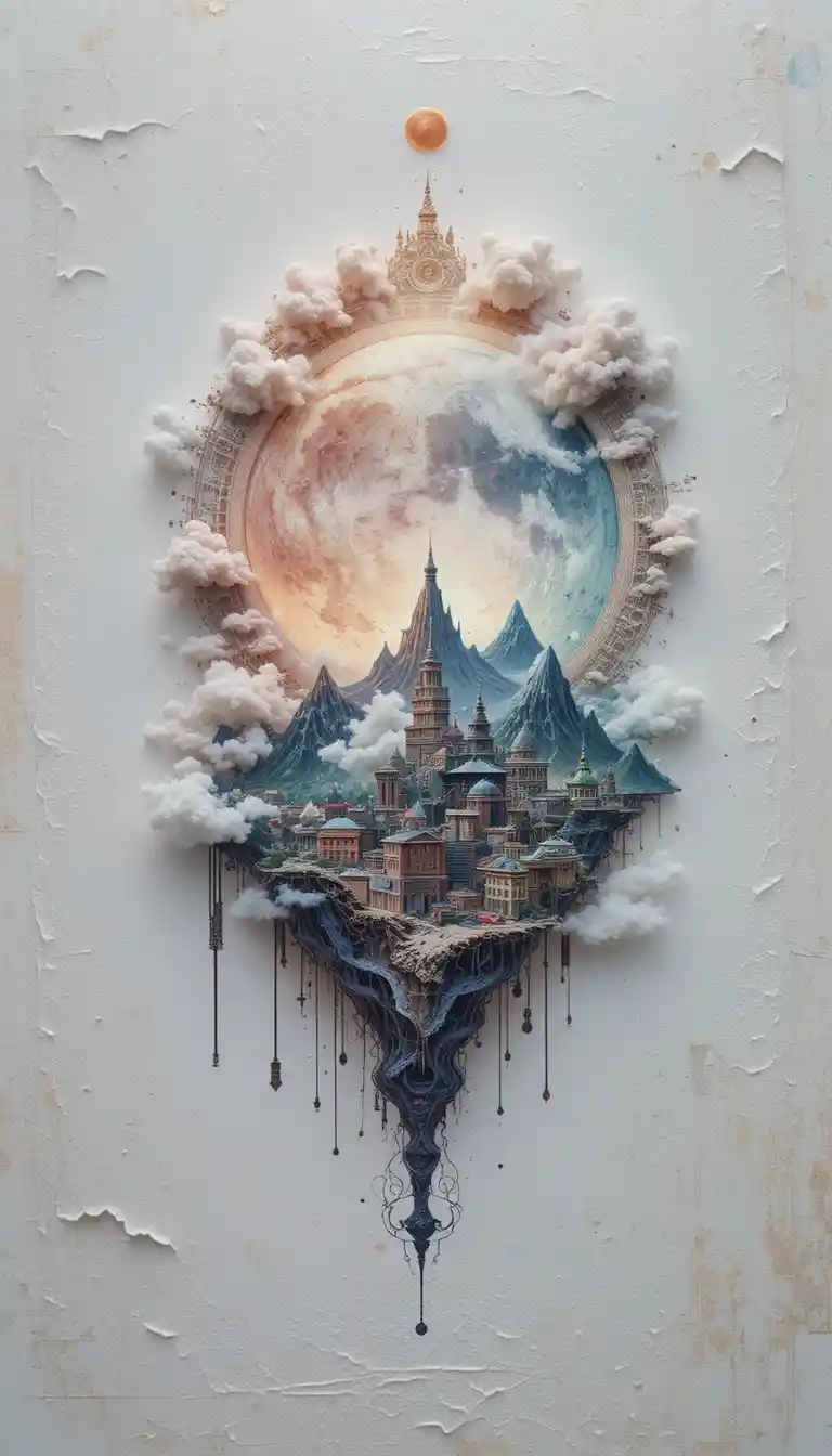 Lune en aquarelle brillant au-dessus d’une minuscule ville microscopique