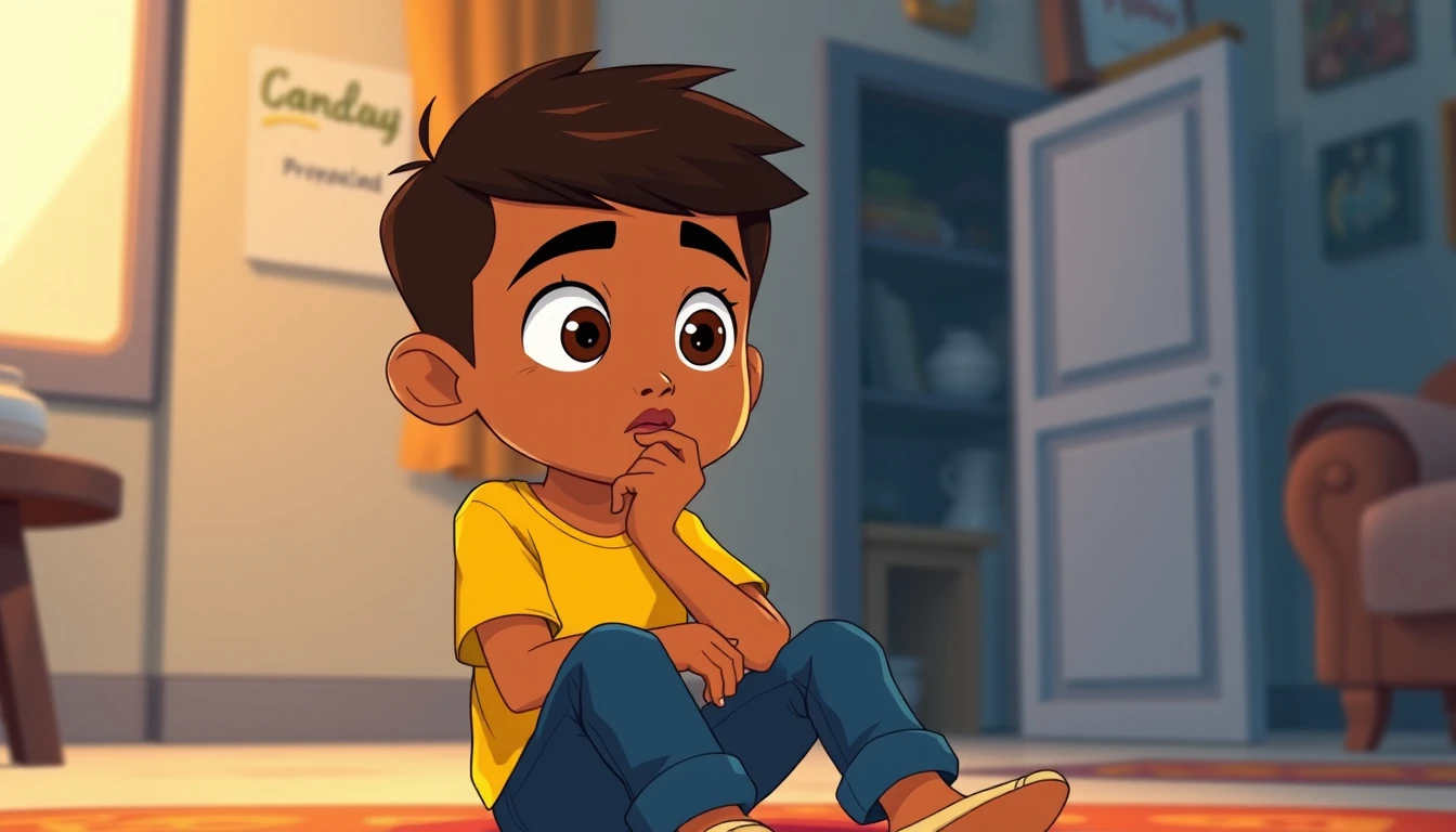 Thoughtful Indian cartoon boy sitting in a cozy home