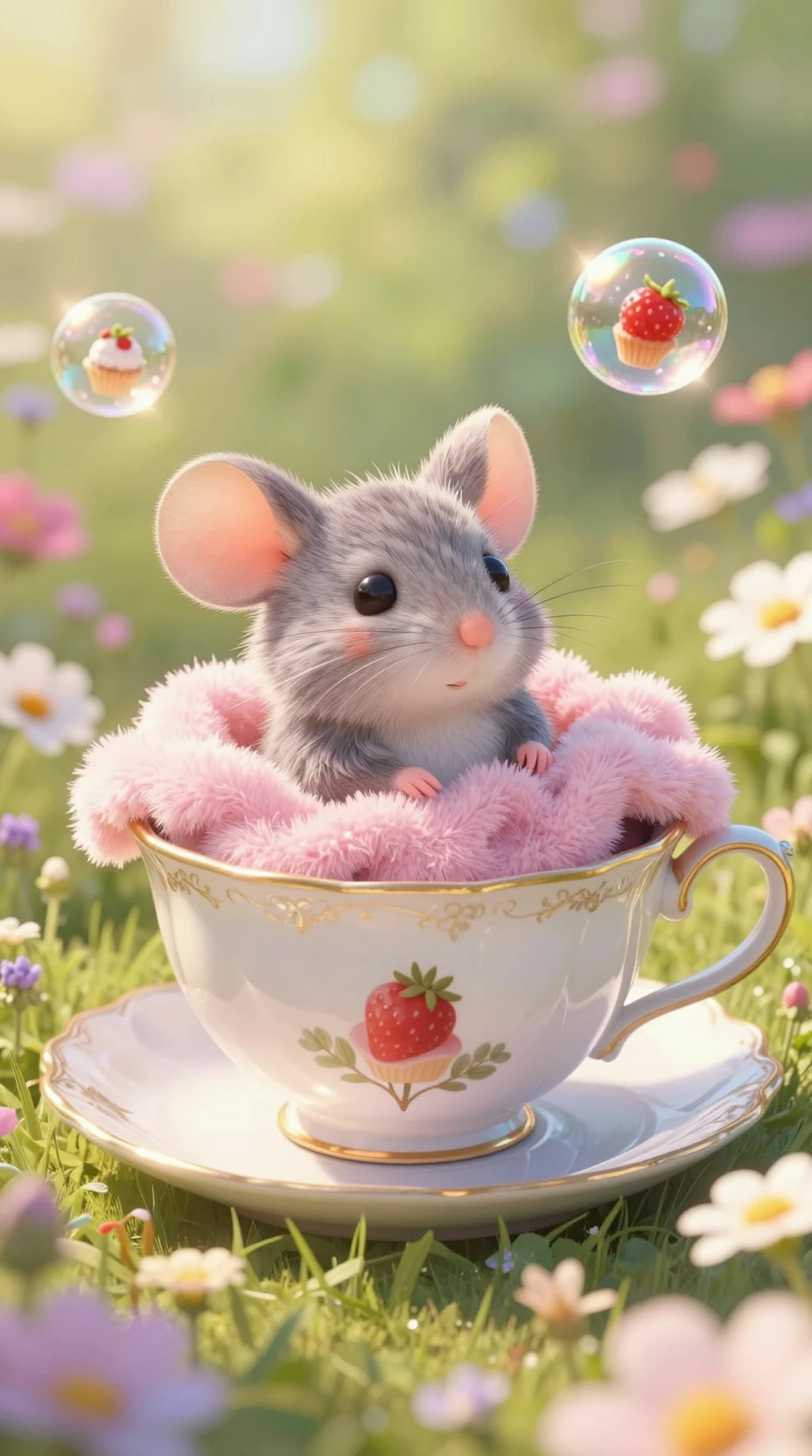Cute baby mouse resting in a magical teacup garden