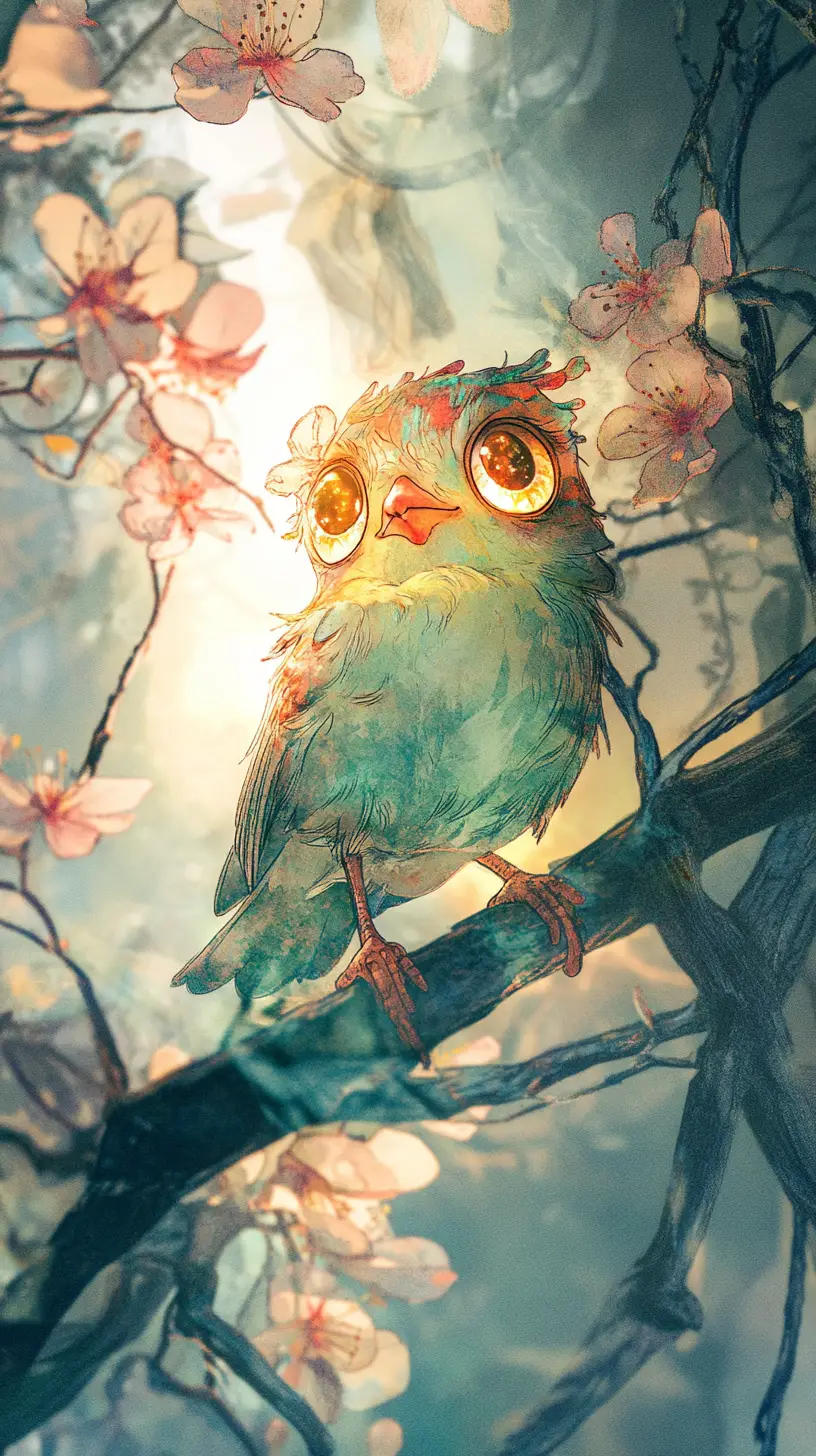 Cute cartoon bird on tree branch in sunlight