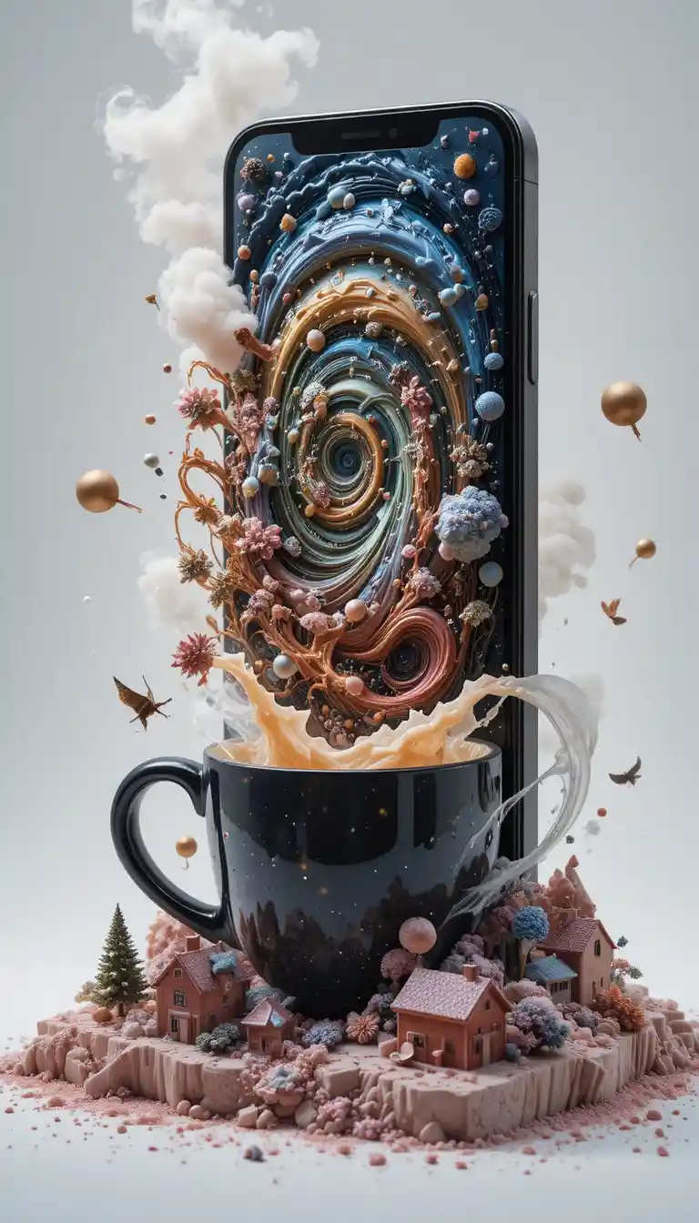 Mundo surreal de smartphone que emerge en un espacio blanco de estudio