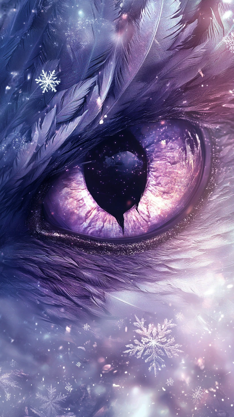 Celestial dragon eye gazing over a serene winter cosmos