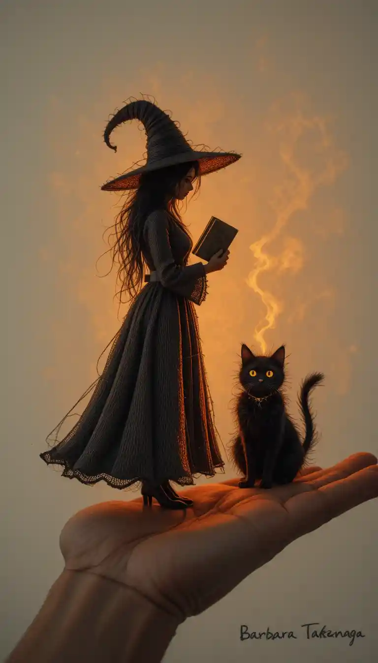 Glowing witch and cat drawing resting on an open palm