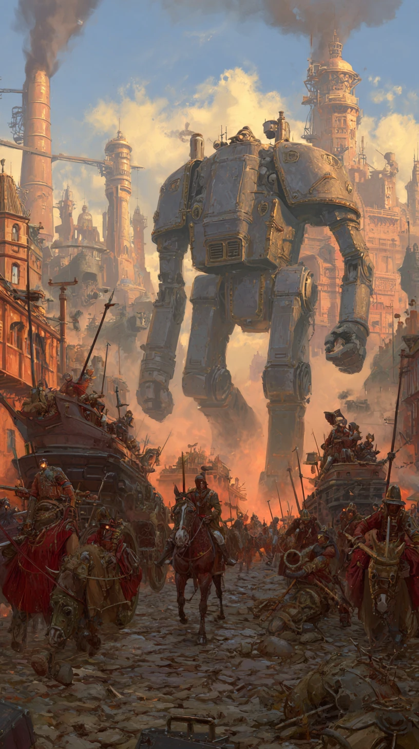 Steampunk-Soldaten stürmen auf gepanzerten Kriegsmaschinen in der Schlacht