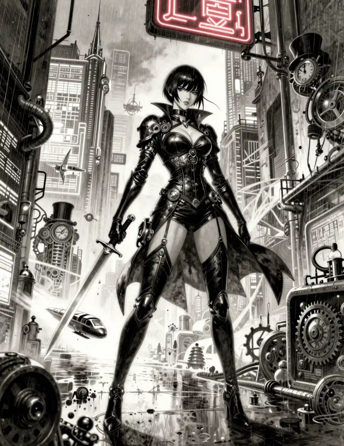 Rogue woman stalking a neon cyberpunk alley at night