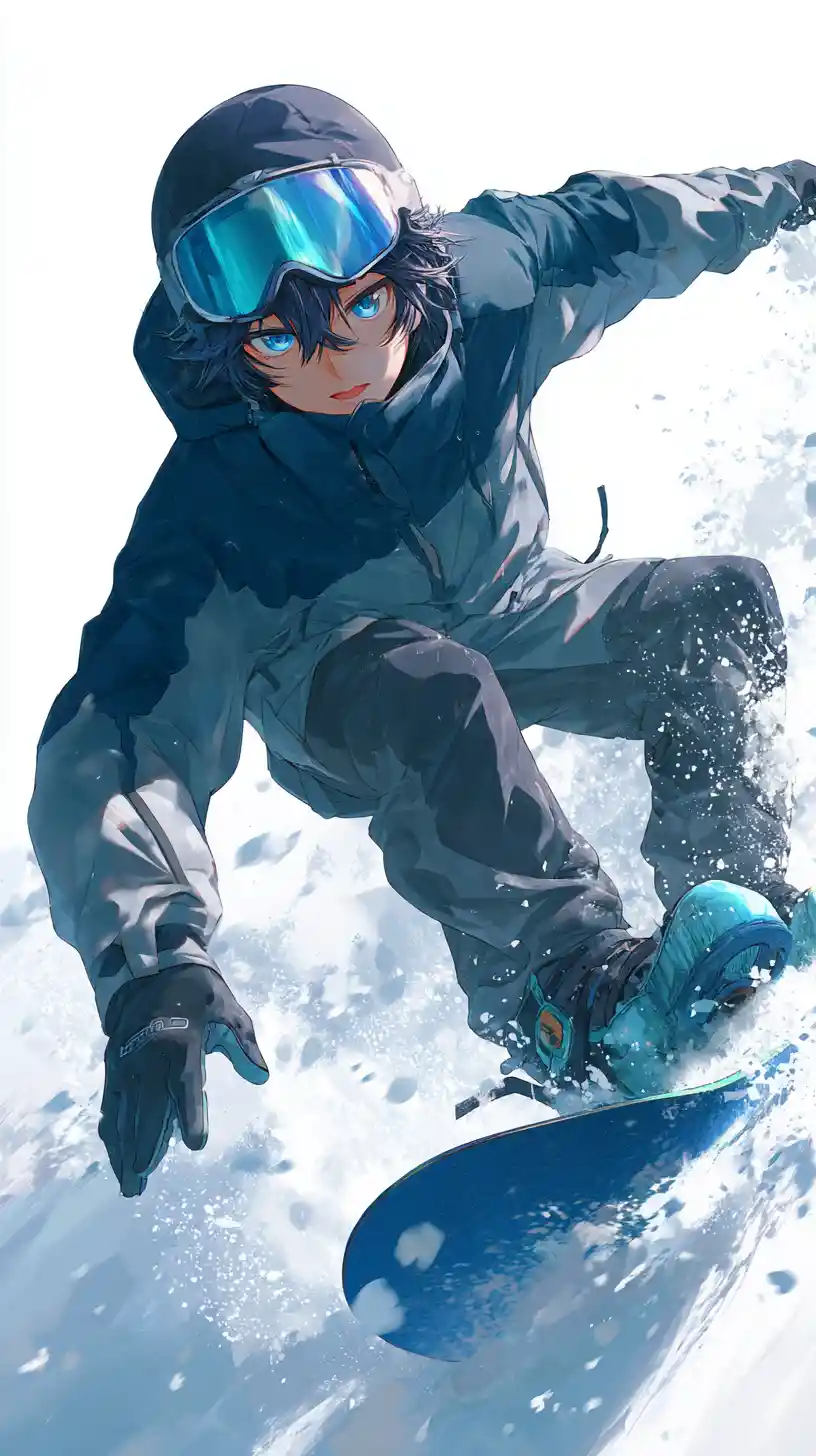 Anime-Snowboarder, der in kühlen Blautönen den Schnee carvt