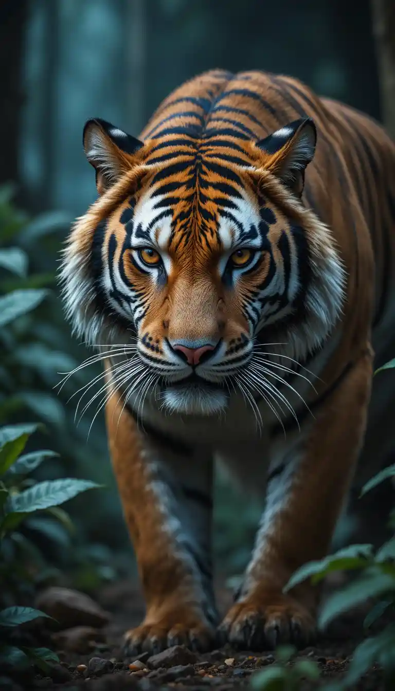 Tigre debout au‑dessus d’un cerf chassé dans une scène de jungle dramatique