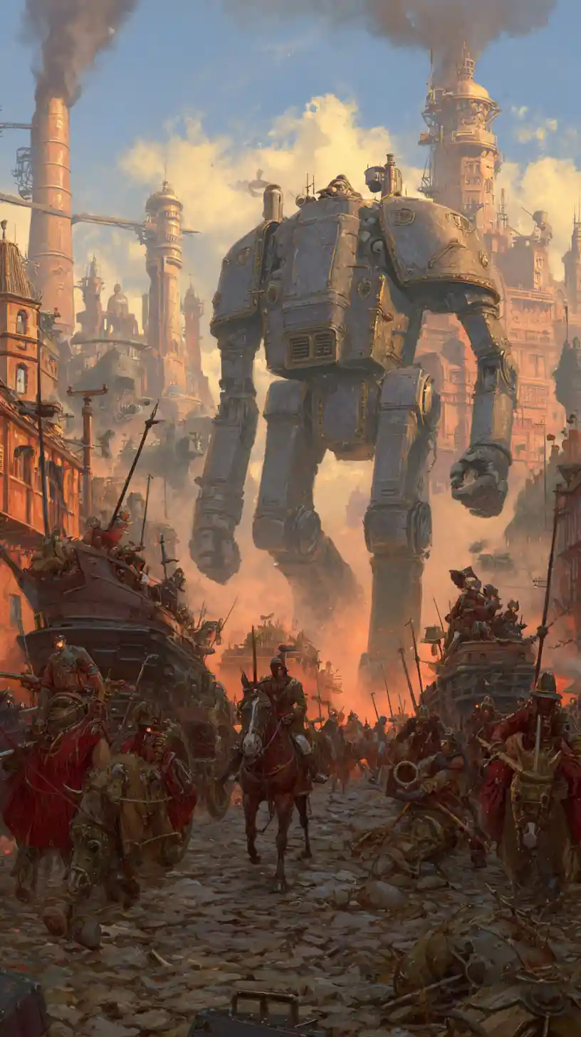 Soldados steampunk cargando sobre máquinas de guerra blindadas en batalla