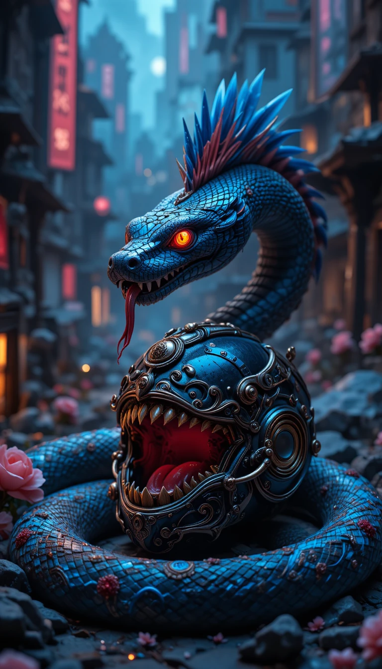 Close up of a black snake with glowing blue patterns