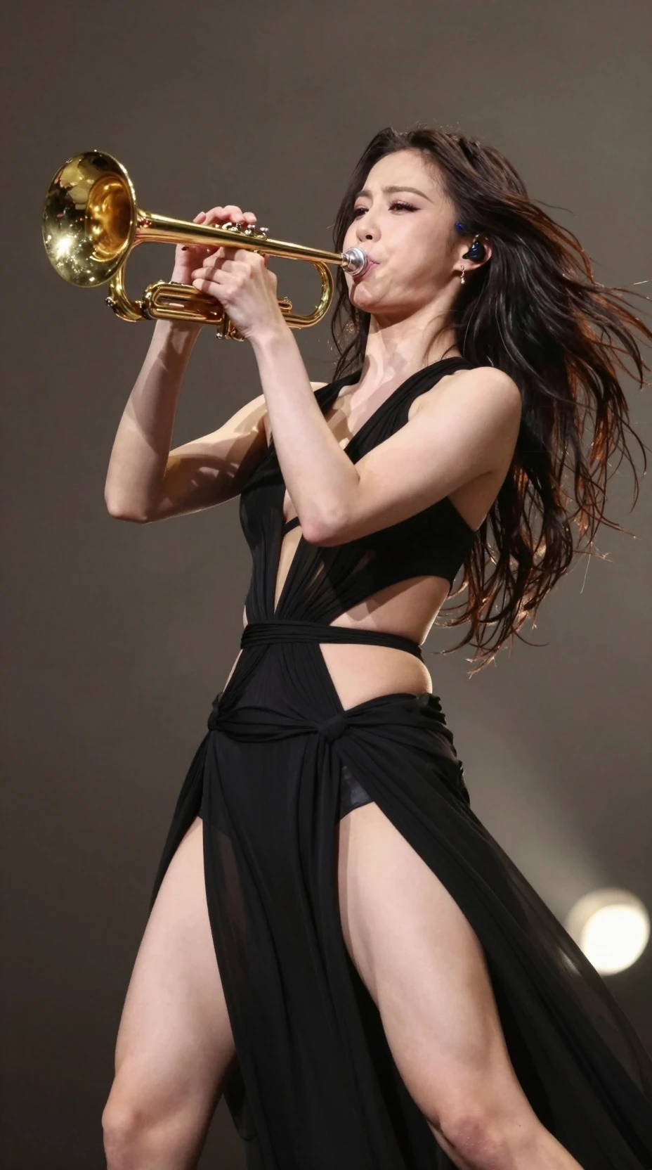 Female musician playing trumpet in dramatic side view