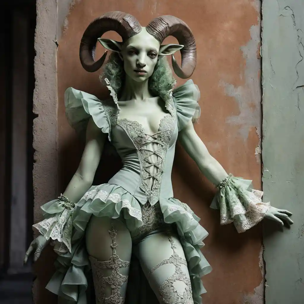 Horned nymph woman posing against a rusty wall