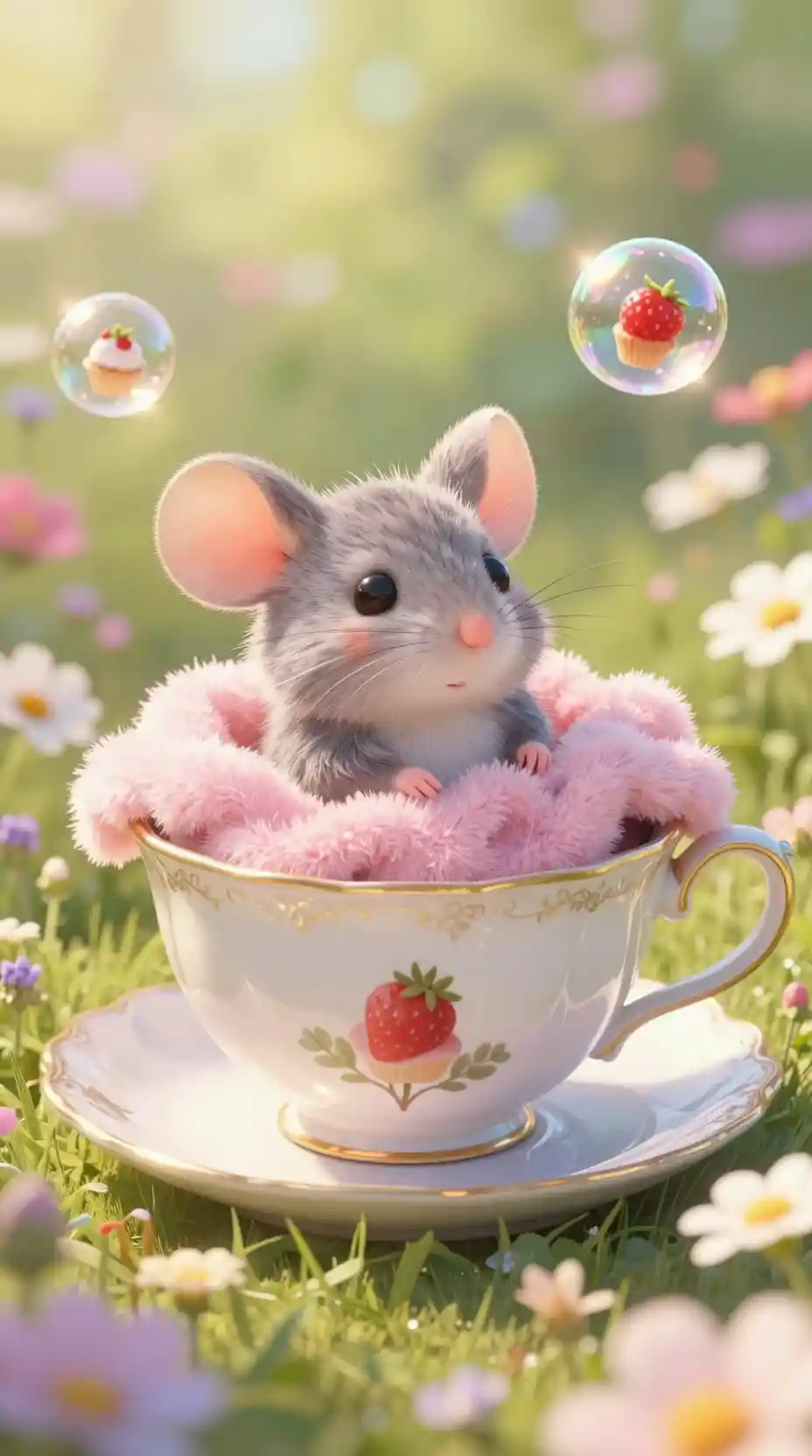 Cute baby mouse resting in a magical teacup garden