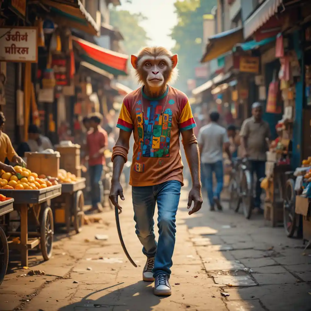 Singe marchant debout dans un marché de rue animé en Inde