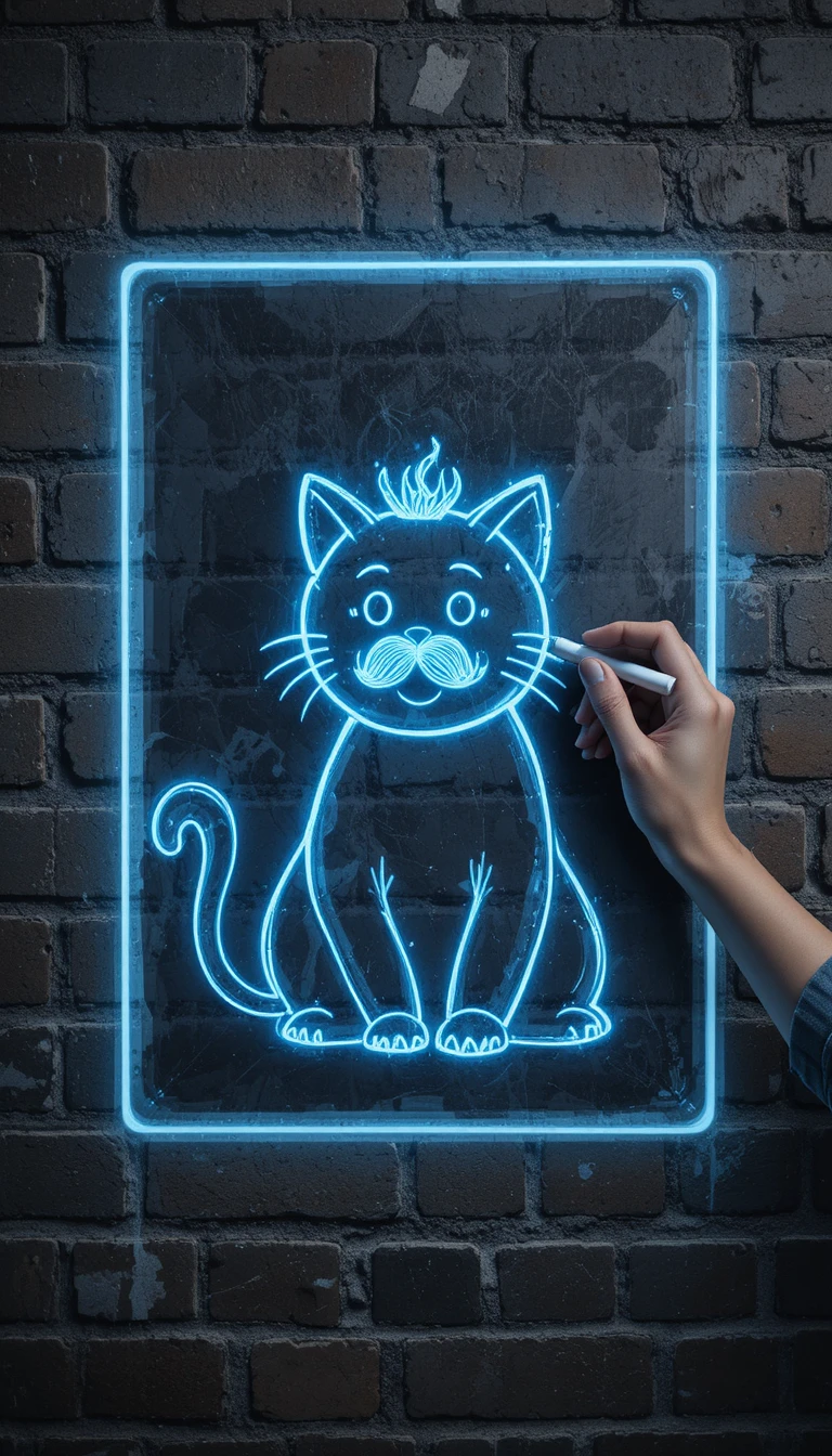 Glowing 3D Chalk Sketch Of A Cat On Brick Wall