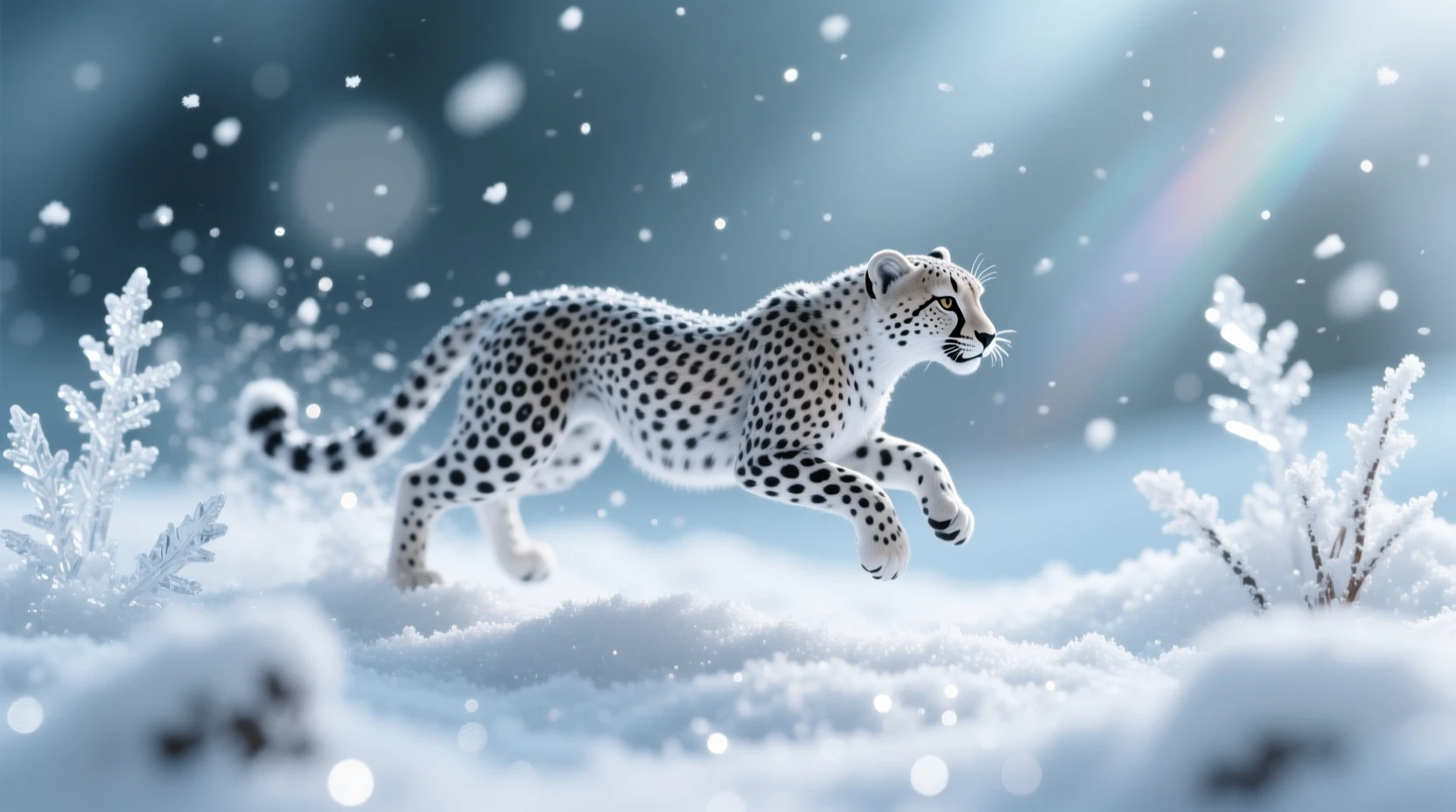 凍てついたミニチュア雪景色の中の銀色のチーター