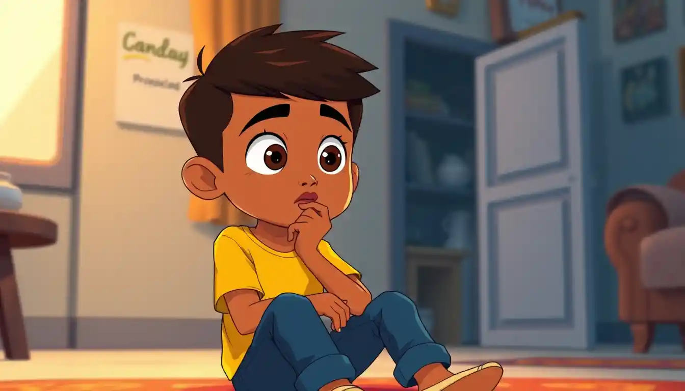 Thoughtful Indian cartoon boy sitting in a cozy home