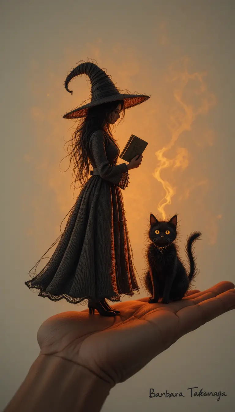 Glowing witch and cat drawing resting on an open palm