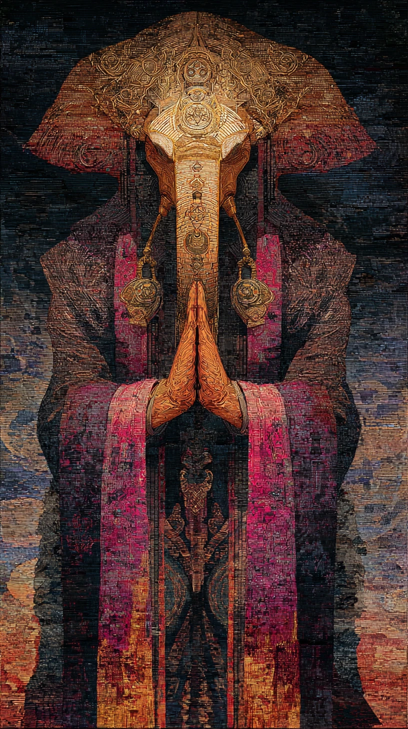 Ancient Indian god in surreal mythic painting on canvas