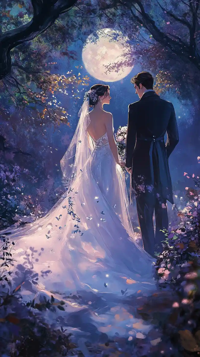 Bride in white gown meeting prince in moonlit forest