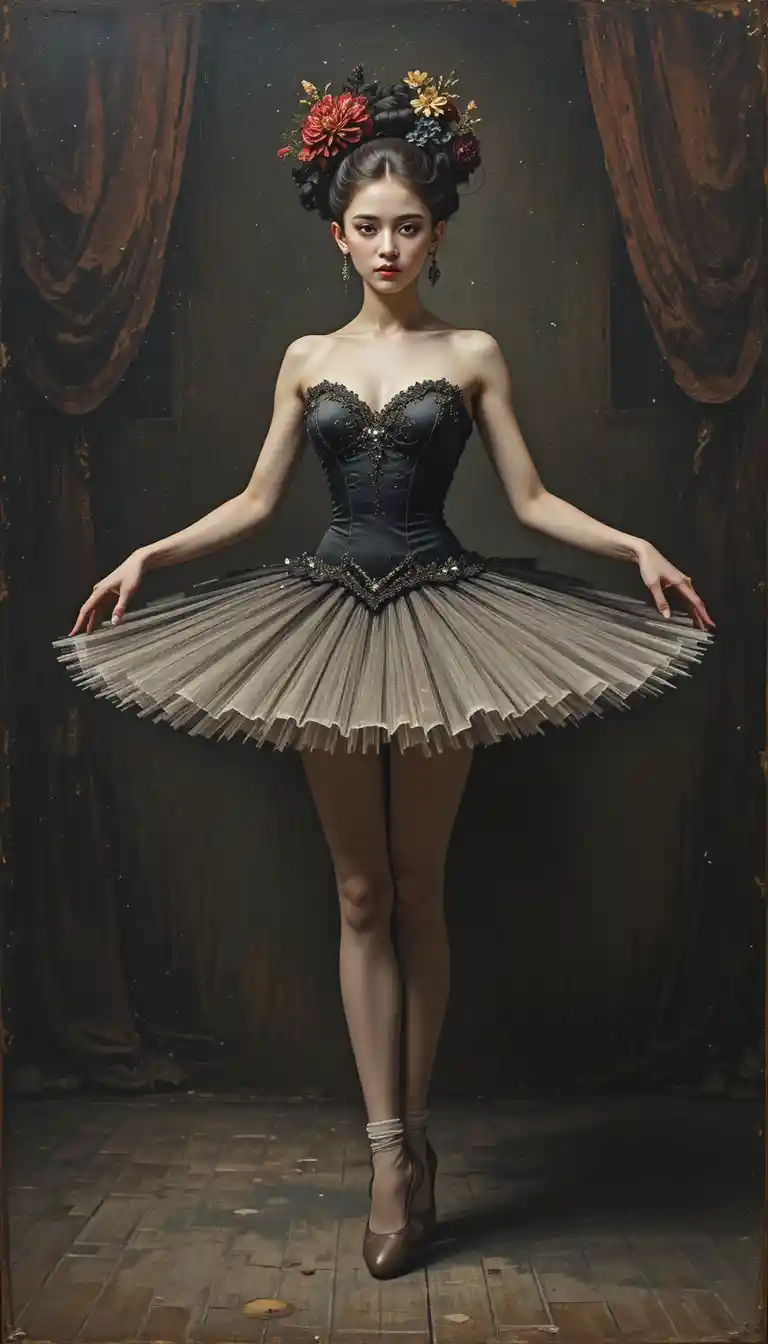 Bailarina absurdista posando em um palco de teatro escuro