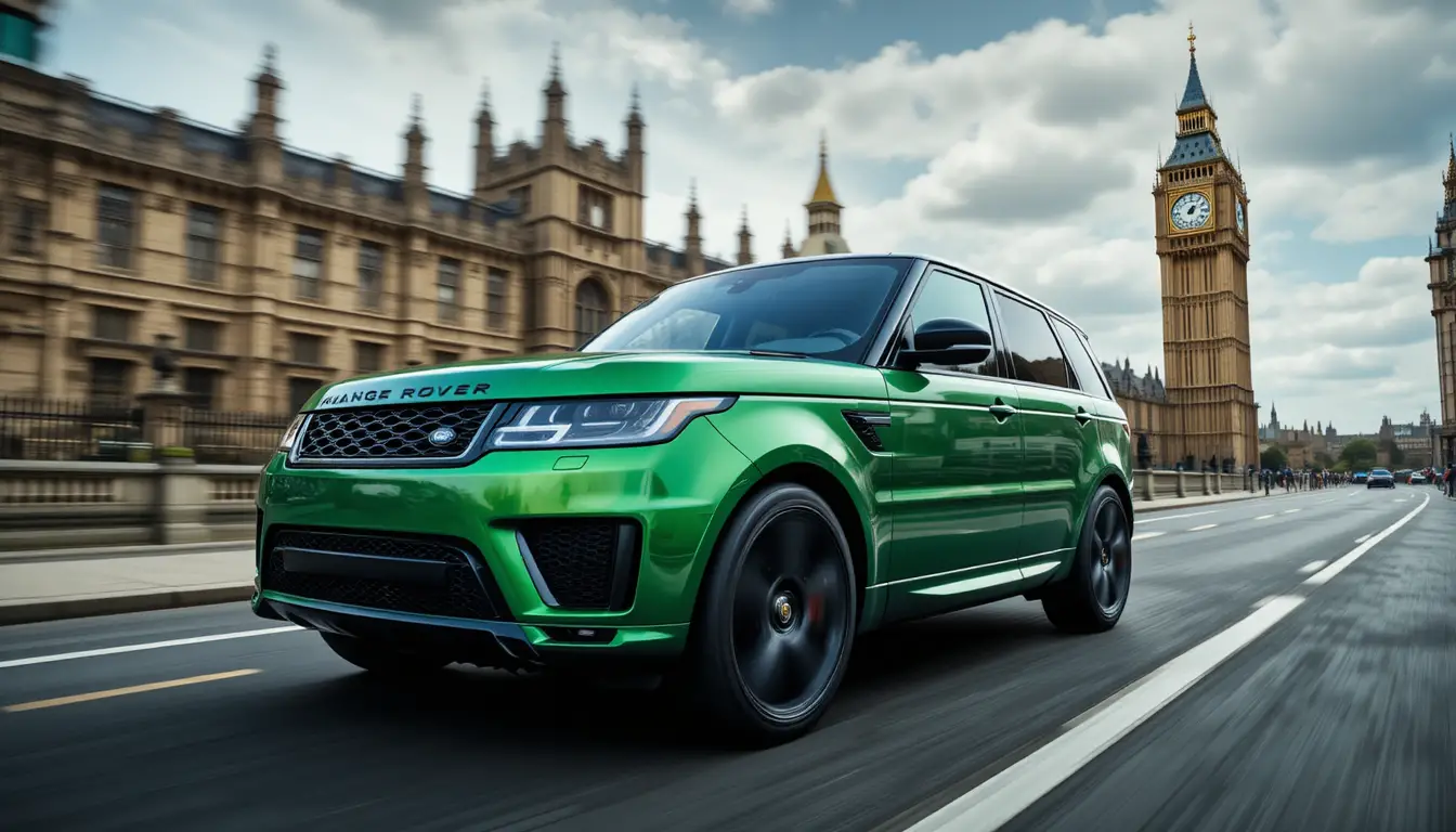 Green suv racing past big ben in dynamic london scene