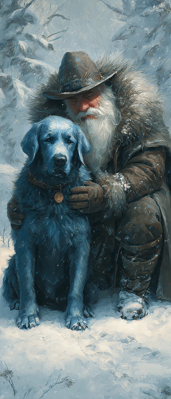 Bearded man kneeling in snow beside blue labrador