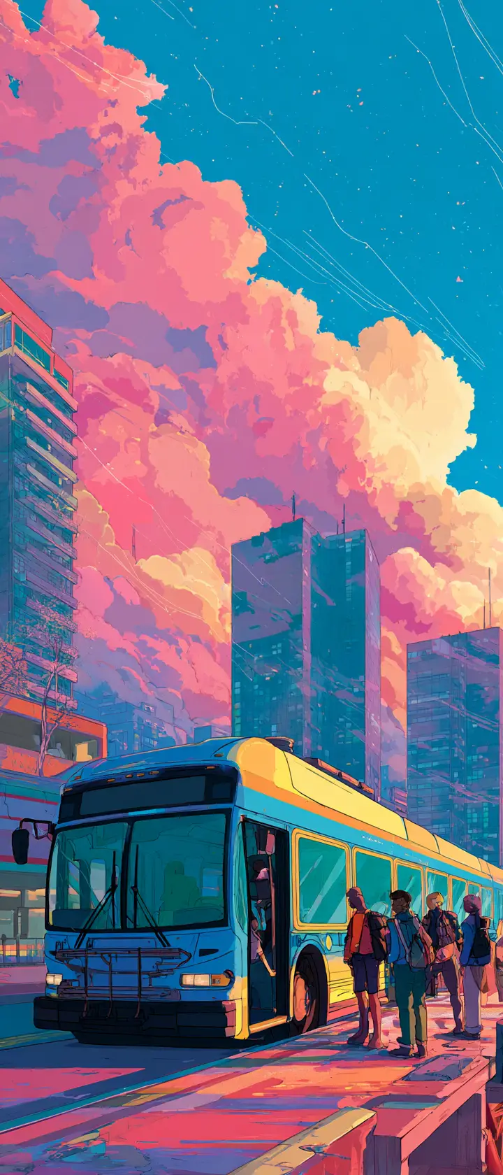 Colorful anime city bus scene on a spring evening