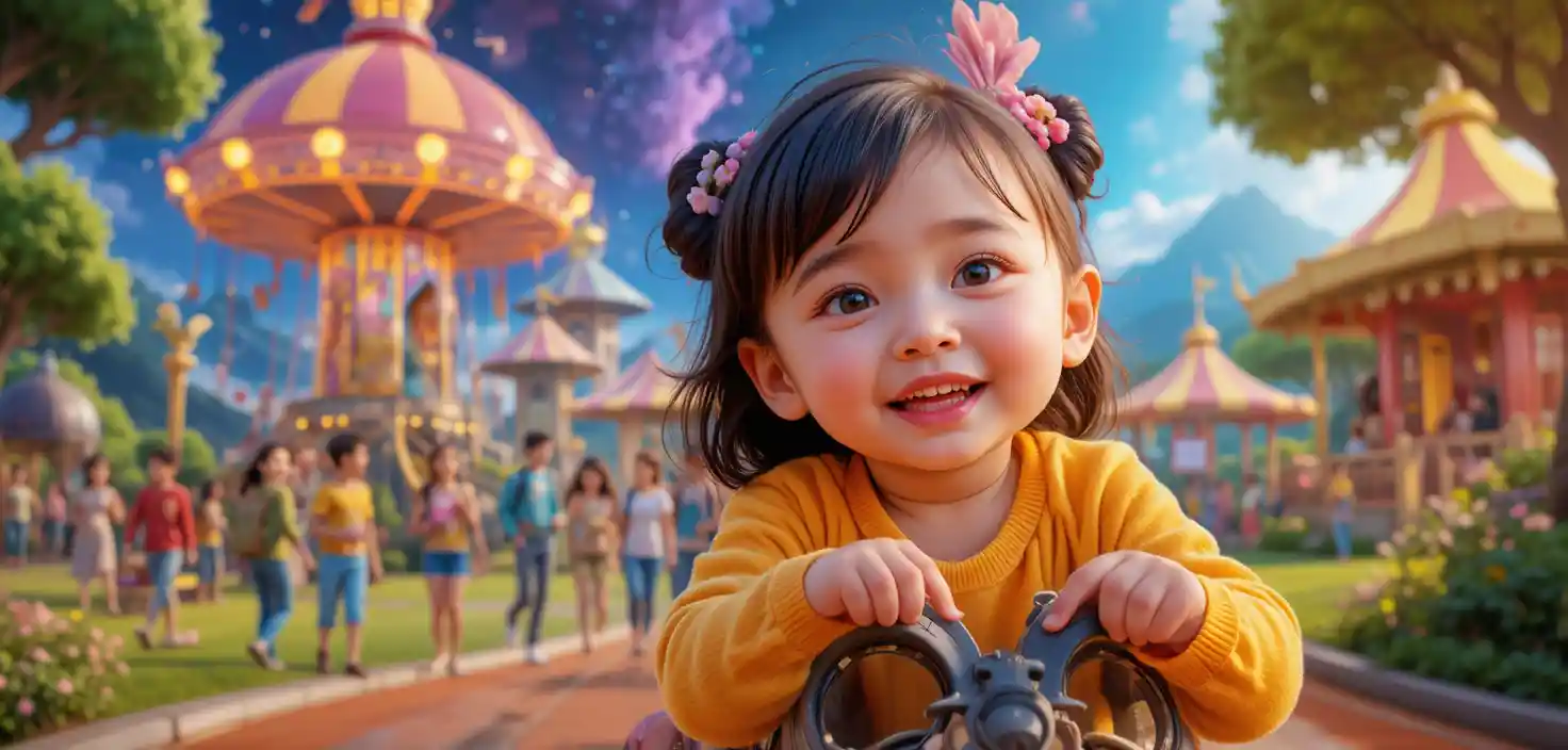 Familles joyeuses dans un parc d’attractions coloré – illustration