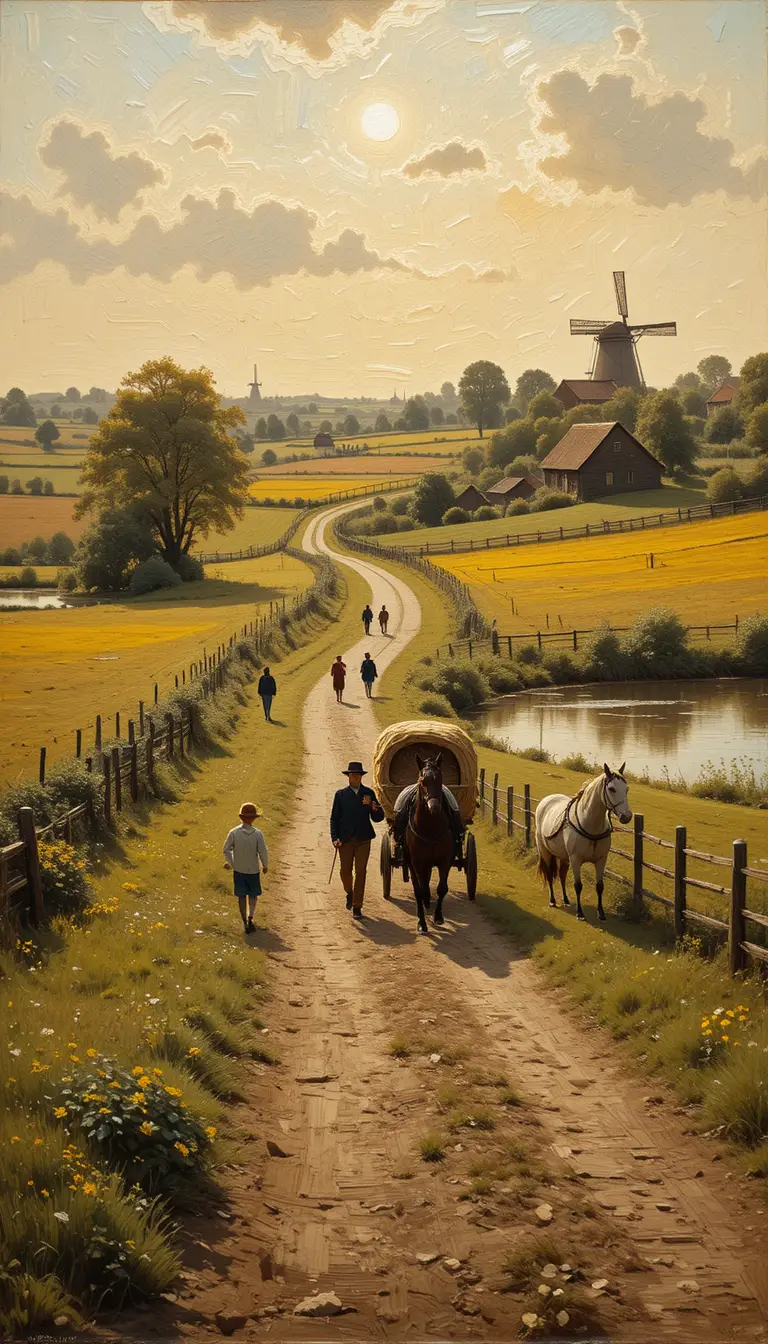 Villagers Walking Along A Rural Path In Warm Afternoon Light