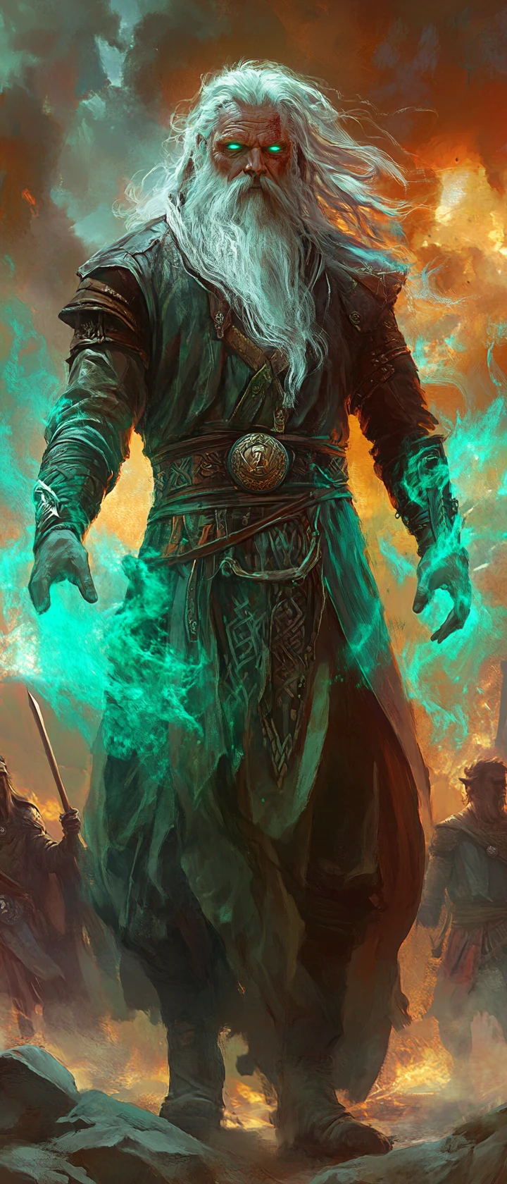 Ancient wizard commanding emerald flames in stone circle