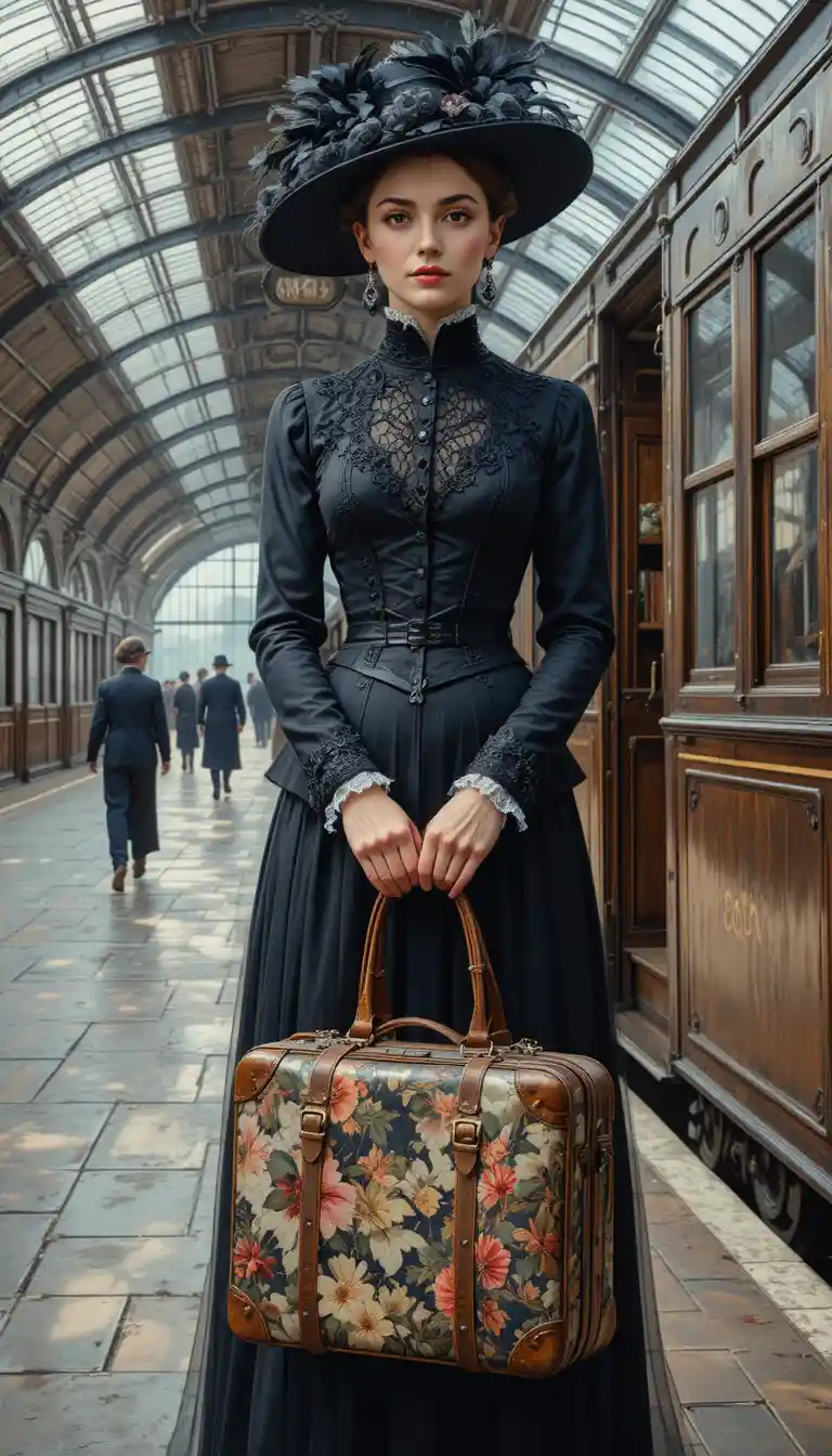 Victorian woman with luggage on a vintage train platform