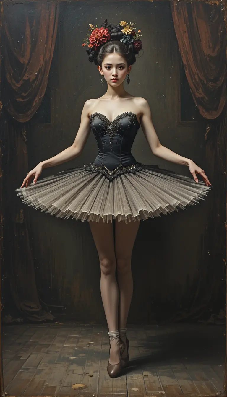 Absurdist ballerina woman posing on a dark theater stage