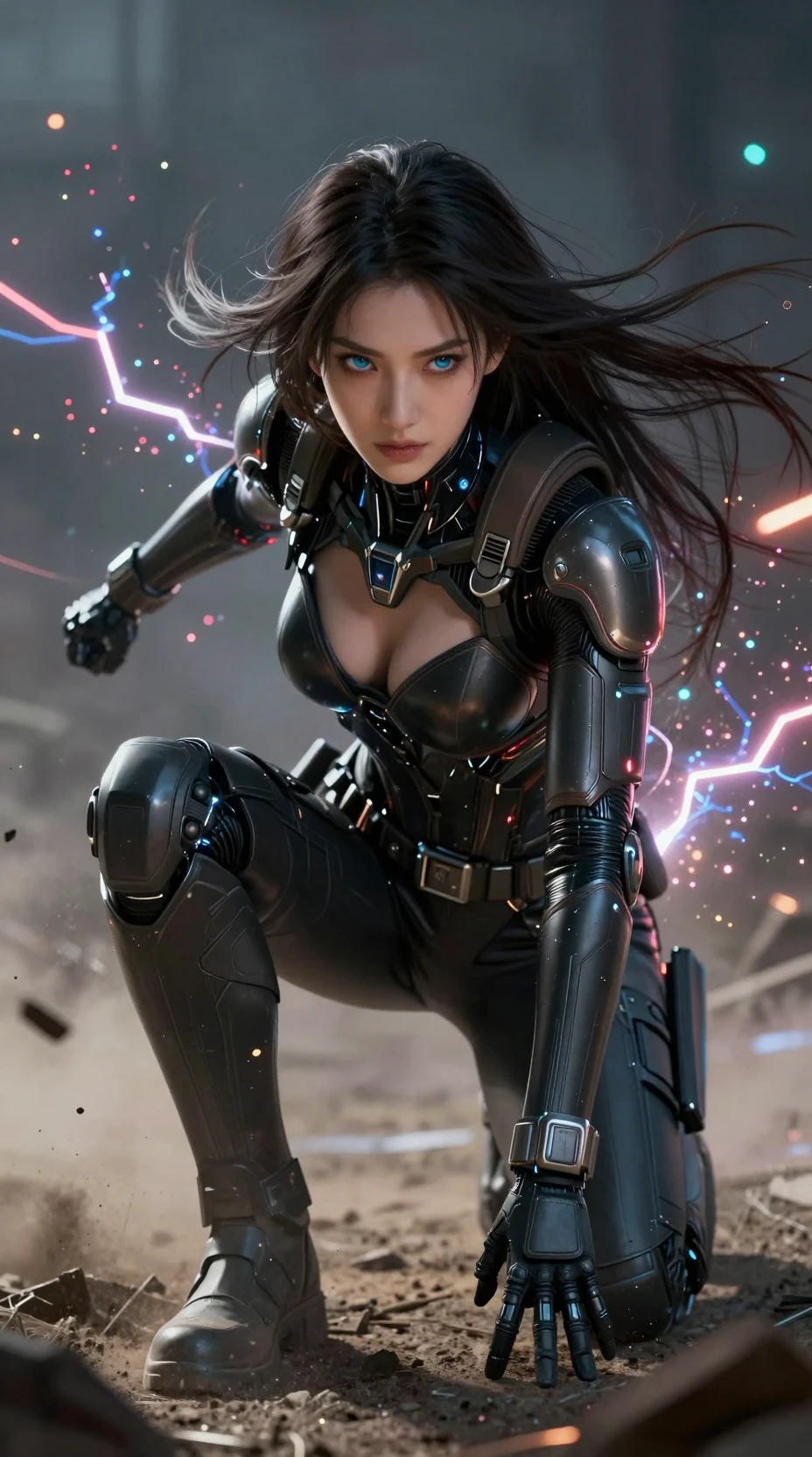 Guerrera androide femenina arrodillada en medio de una tormenta de energía cyberpunk