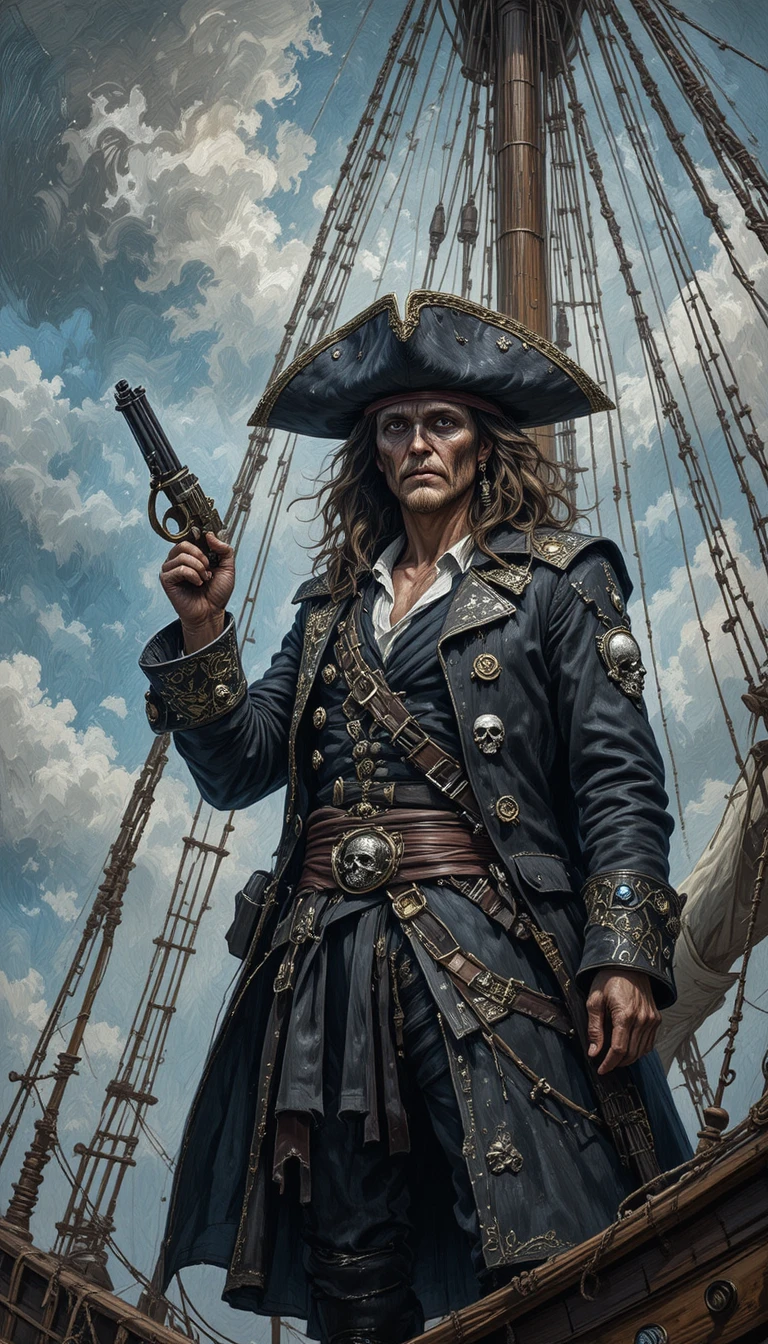 Pirata dramático em navio à vela em pintura a óleo impasto